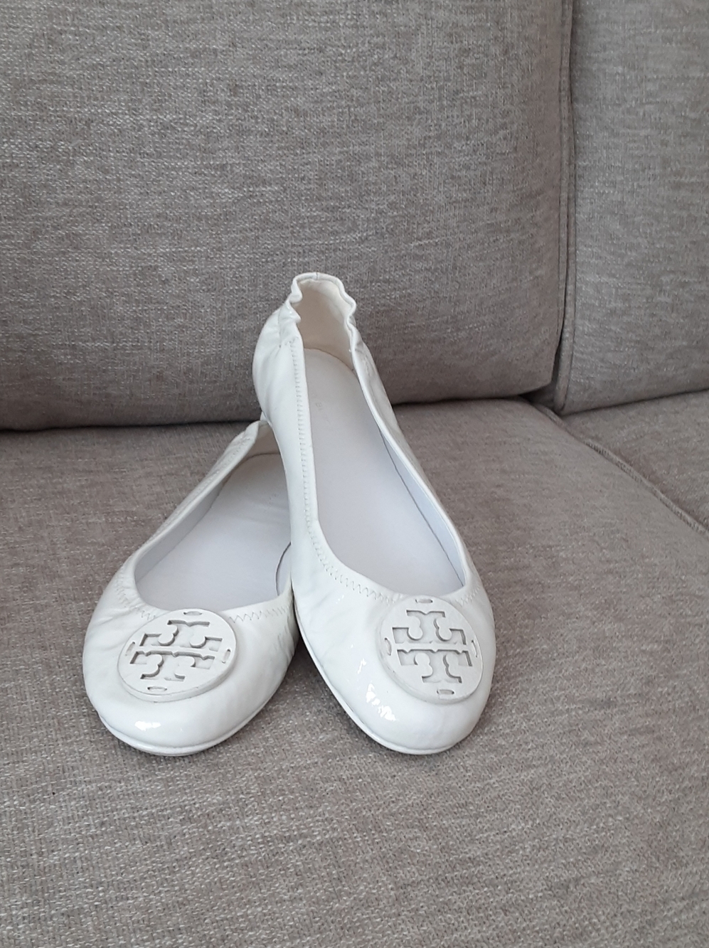 Tory Burch White Patent Ballet Flats with Emblem